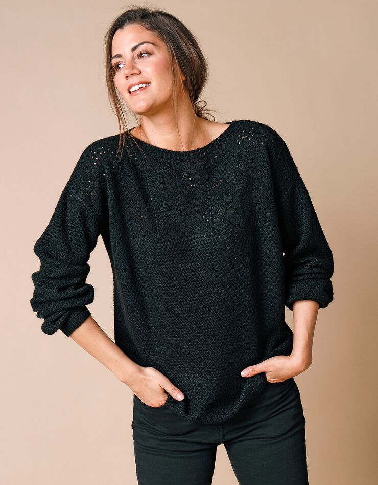 Pull col bateau, maille ajourée toucher mohair (noir) Pull col bateau, maille ajourée toucher mohair (noir)