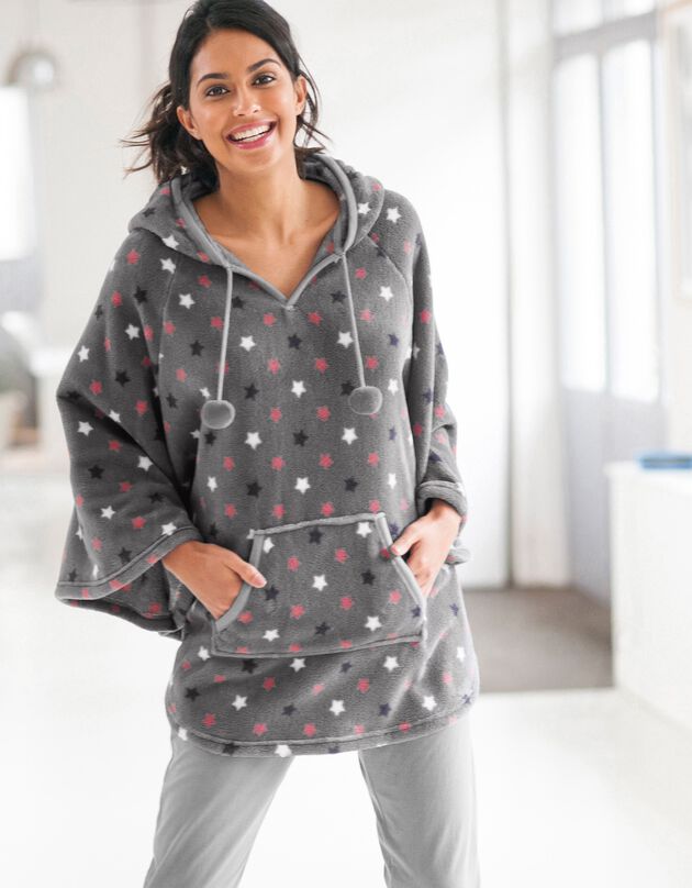 Poncho polaire toucher peluche à capuche  (gris / rose)