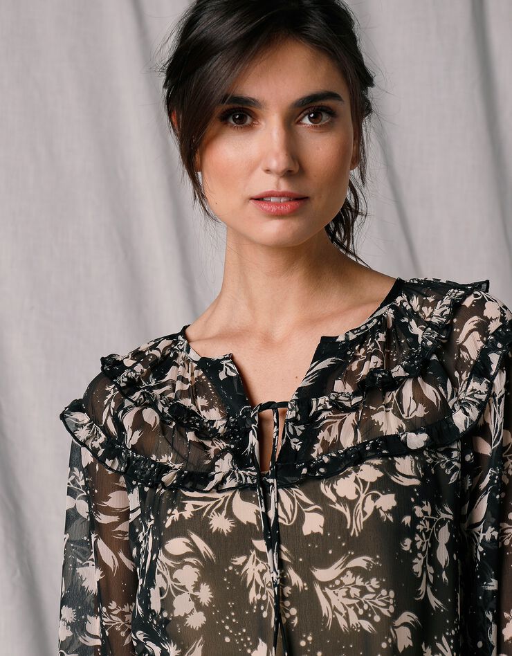 Blouse ample manches longues voile imprimé (noir / écru) Blouse ample manches longues voile imprimé (noir / écru)