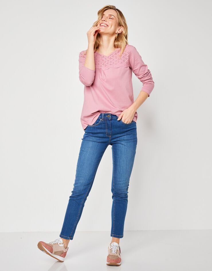 Tee-shirt manches longues, empiècement broderie anglaise (rose grisé) Tee-shirt manches longues, empiècement broderie anglaise (rose grisé)