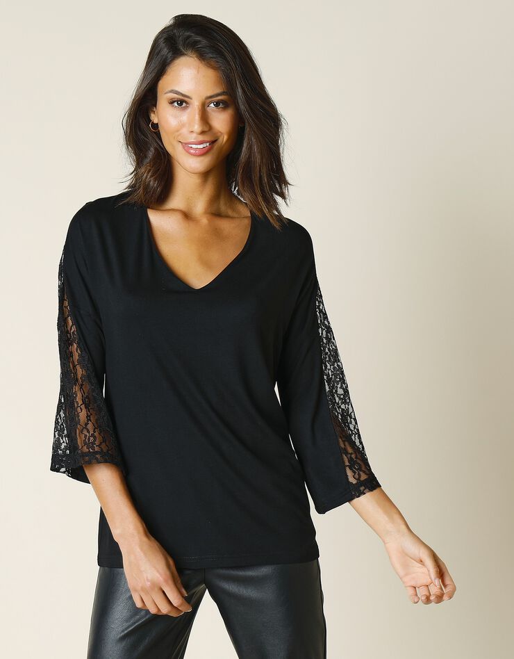 Tee-shirt col V empiècement dentelle - manches 3/4 (noir) Tee-shirt col V empiècement dentelle - manches 3/4 (noir)