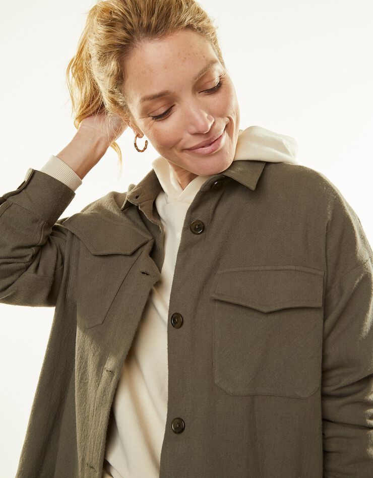 Veste surchemise unie, flanelle grattée (kaki) Veste surchemise unie, flanelle grattée (kaki)