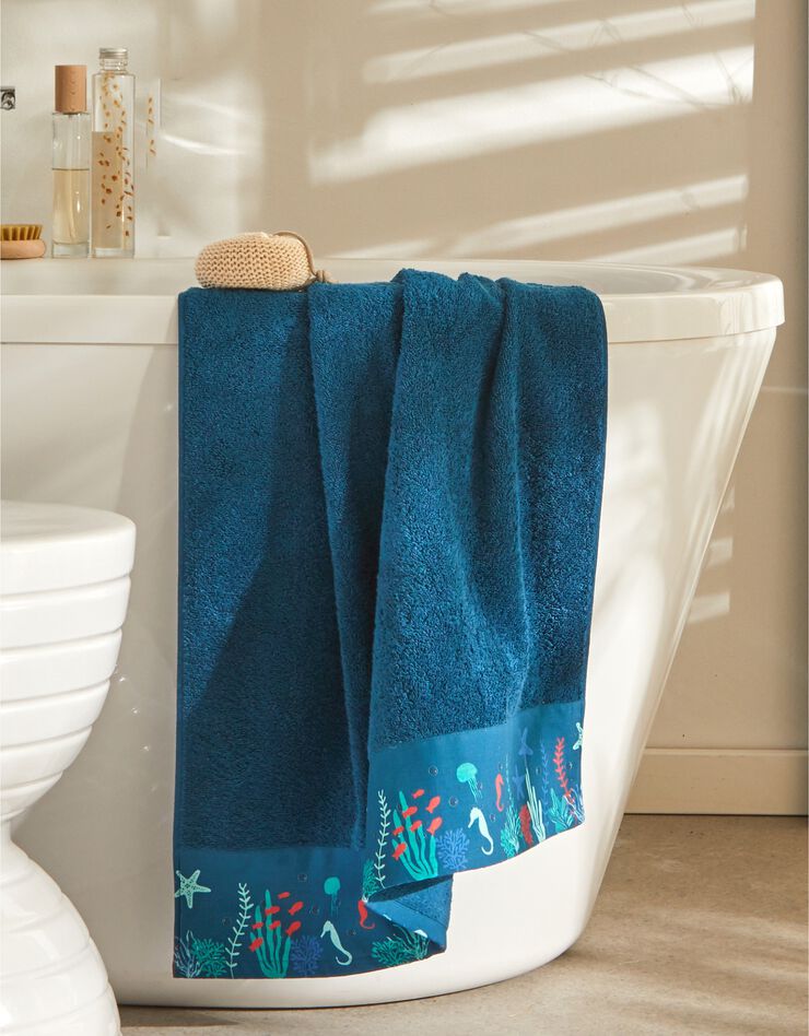 Éponge bouclette 420 g/m2 liteau motif corail (bleu paon)