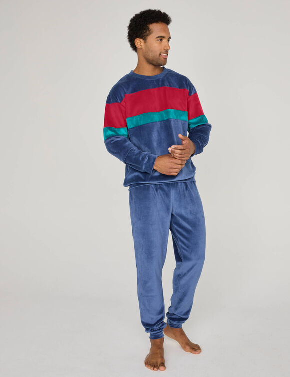 Pyjama tricolore velours manches longues (marine)
