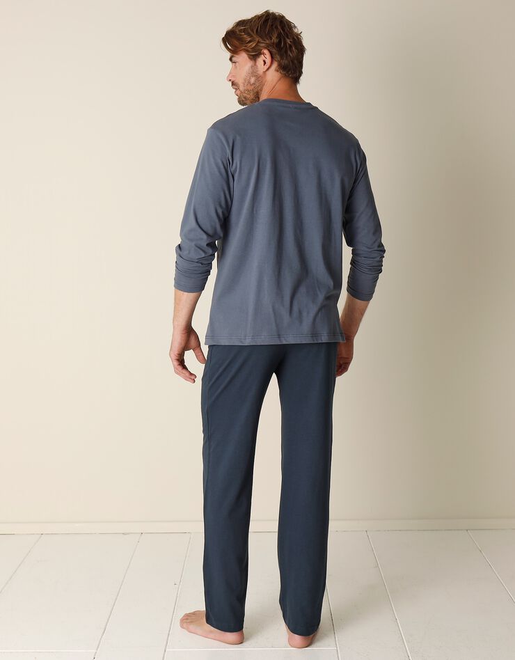 Pyjama long col V manches longues coton adouci (bleu grisé / marine)