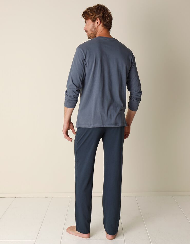 Pyjama long col V manches longues coton adouci (bleu grisé / marine) Pyjama long col V manches longues coton adouci (bleu grisé / marine)