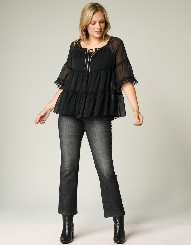 Blouse volantée voile unie détails dorés (noir) Blouse volantée voile unie détails dorés (noir)
