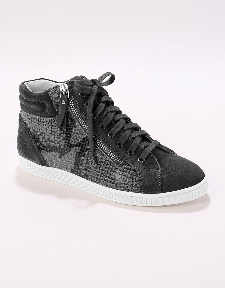 Baskets montantes python en cuir et croûte de cuir - kaki grisé (gris)