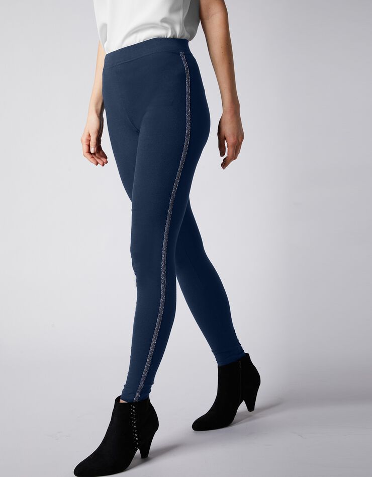 Legging uni bande côté brillante, maille (marine) Legging uni bande côté brillante, maille (marine)