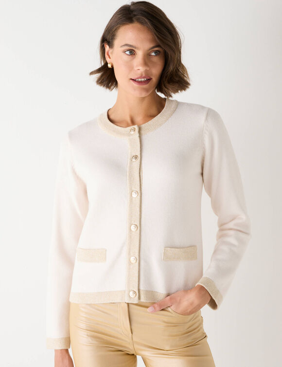 Cardigan boutons dor&eacute;s, d&eacute;tails brillants (&eacute;cru)