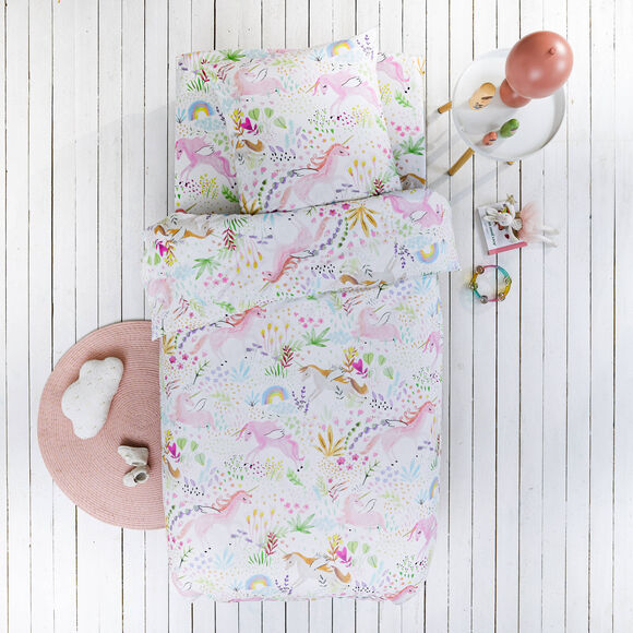 Linge de lit enfant Rêve imprimé licornes - coton (blanc)