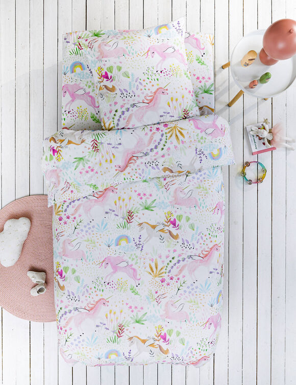 Linge de lit enfant Rêve imprimé licornes - coton (blanc)