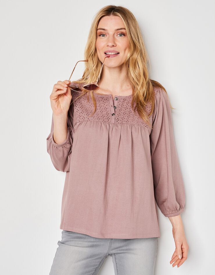 Tee-shirt manches 3/4, empiècement broderie anglaise (taupe)