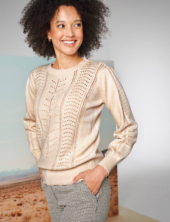 Pull col rond, maille fantaisie toucher doux (écru)