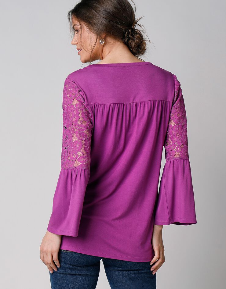 Tee-shirt boutonné manches 3/4 dentelle (violine) Tee-shirt boutonné manches 3/4 dentelle (violine)