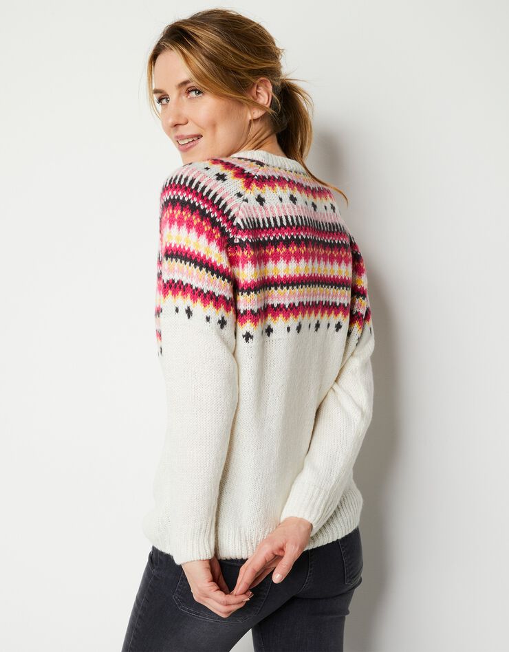 Pull col rond motif jacquard, toucher mohair (écru / rose) Pull col rond motif jacquard, toucher mohair (écru / rose)