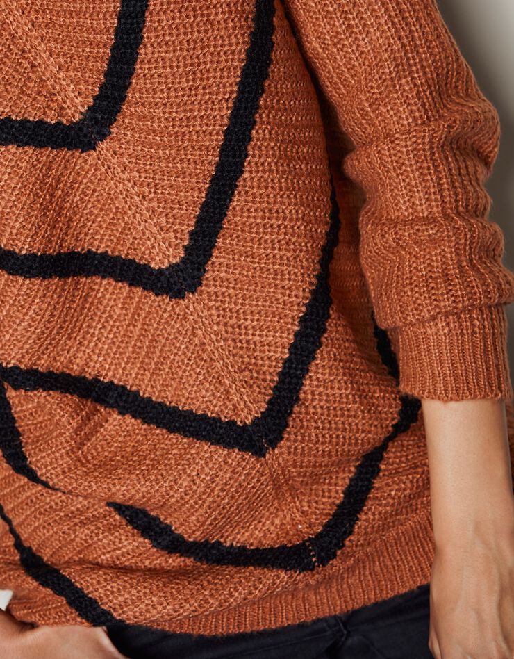 Pull col V rayé, maille anglaise toucher mohair (caramel / noir) Pull col V rayé, maille anglaise toucher mohair (caramel / noir)