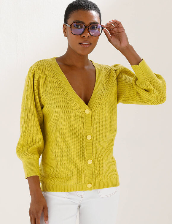 Gilet boutonn&eacute; col V, maille anglaise (anis)