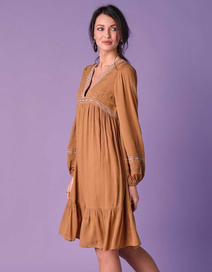 Robe folk unie brodée (moutarde)