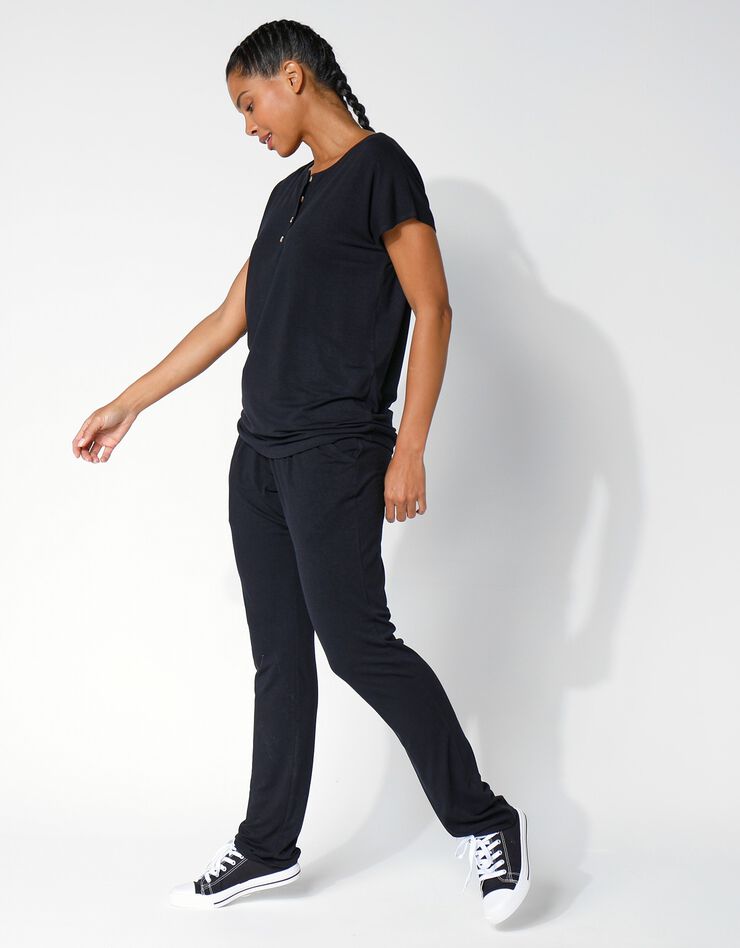 Tee-shirt col tunisien uni, maille fluide (noir) Tee-shirt col tunisien uni, maille fluide (noir)
