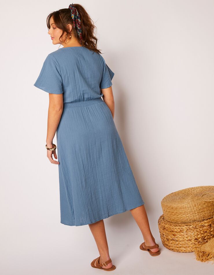 Robe longue boutonnée en gaze de coton (bleu grisé) Robe longue boutonnée en gaze de coton (bleu grisé)