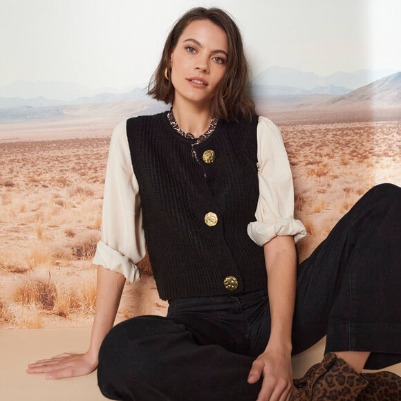 Gilet sans manches toucher doux, boutons dorés (noir)