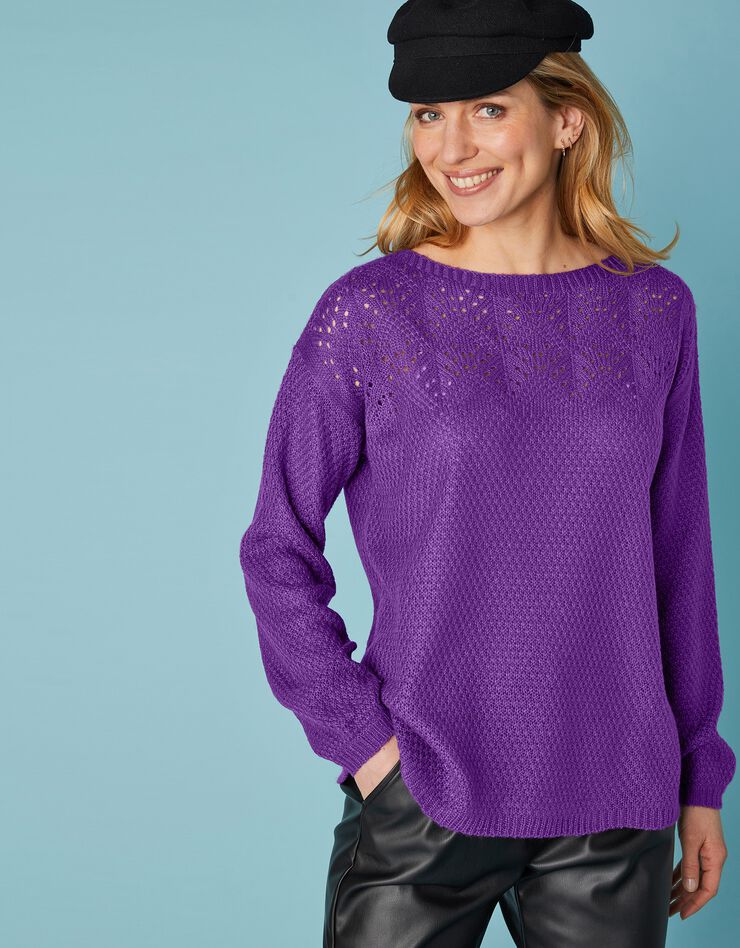Pull col bateau, maille ajourée toucher mohair (violine) Pull col bateau, maille ajourée toucher mohair (violine)