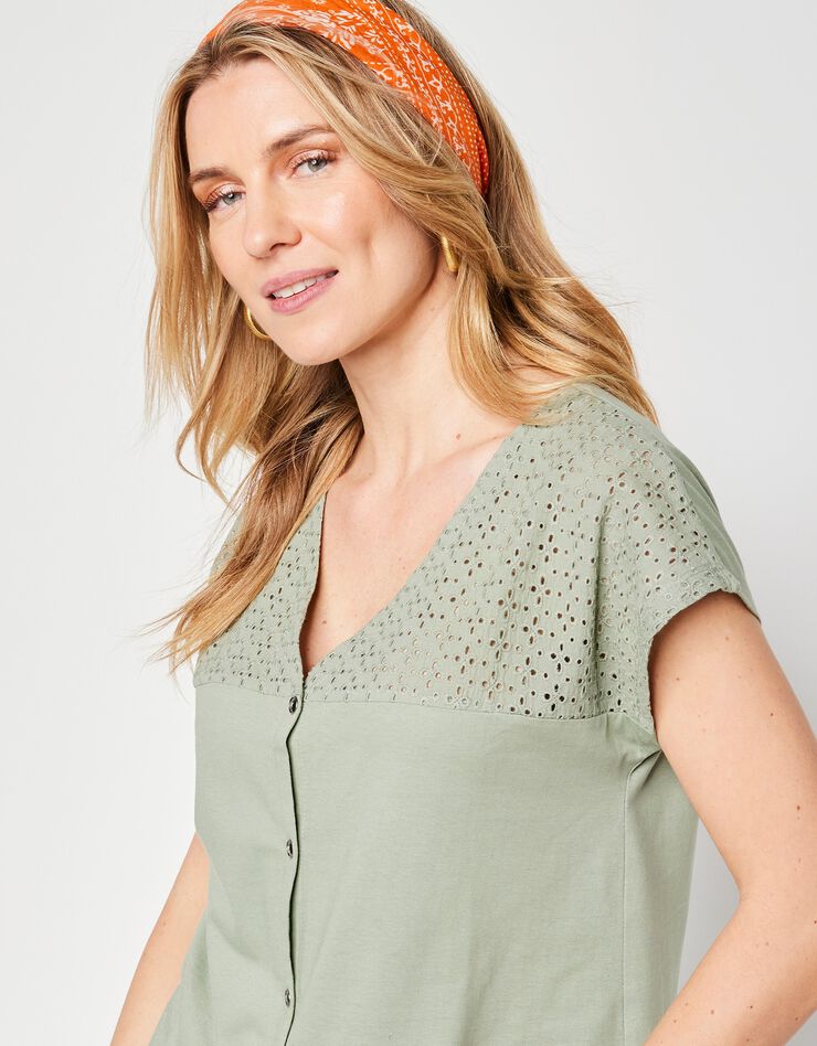 Tee-shirt boutonné, broderie anglaise (vert grisé) Tee-shirt boutonné, broderie anglaise (vert grisé)