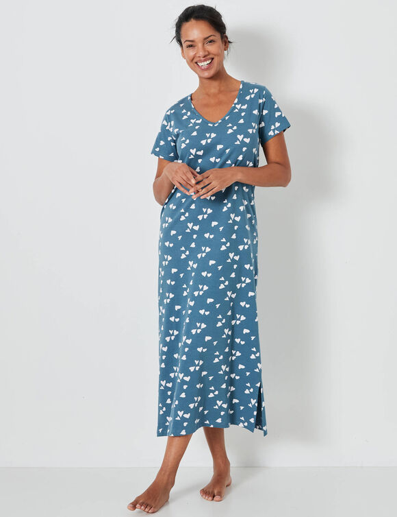 Chemise de nuit longue imprim&eacute;e "c&oelig;urs" (&eacute;meraude / blanc)