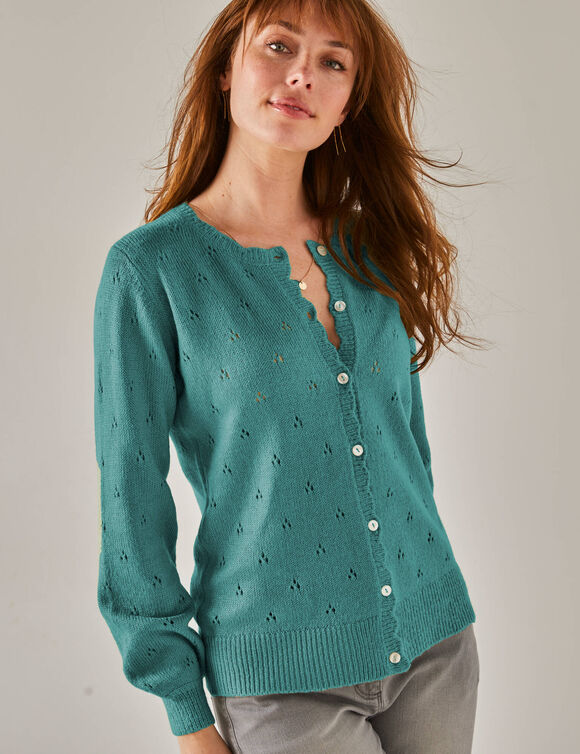 Gilet boutonné finition écailles, maille pointelle toucher doux (céladon)