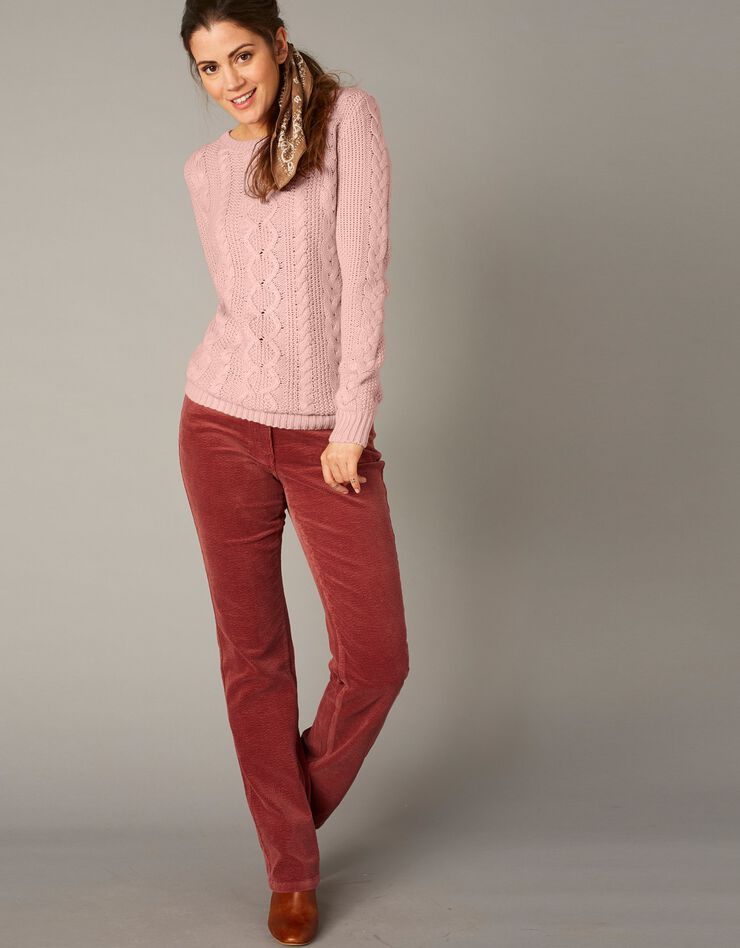 Pull col rond, maille torsadée (rose poudré) Pull col rond, maille torsadée (rose poudré)