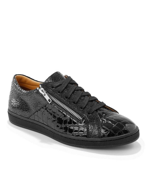 Baskets basses zippées en cuir souple texturé (noir)