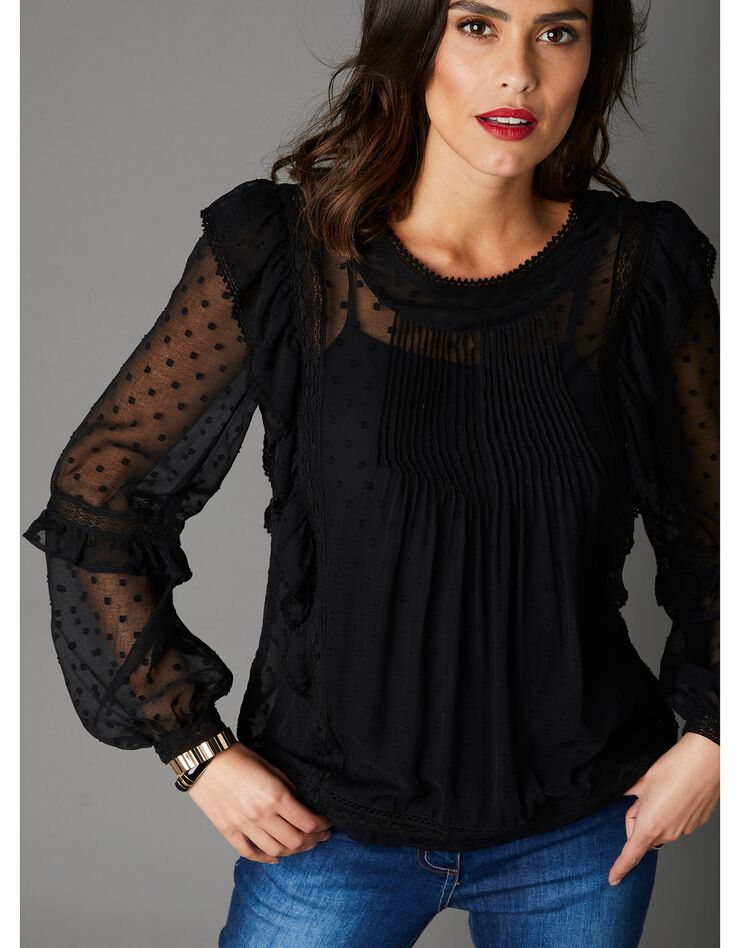 Blouse volantée en plumetis et son top assorti (noir) Blouse volantée en plumetis et son top assorti (noir)