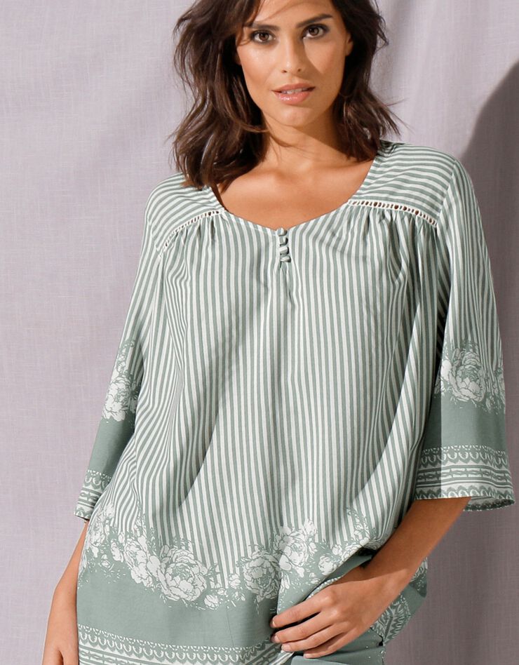 Blouse ample imprimée manches 3/4 pagodes (vert grisé) Blouse ample imprimée manches 3/4 pagodes (vert grisé)