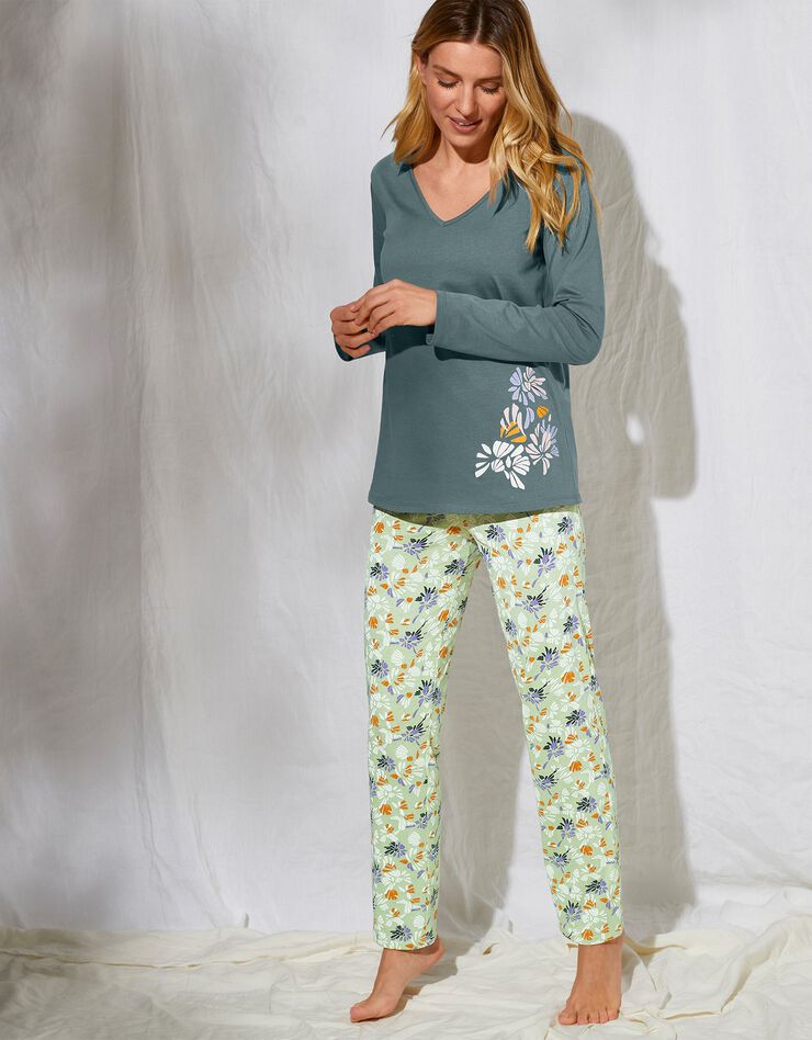Pantalon pyjama coton imprimé "pétales" (vert / écru)
