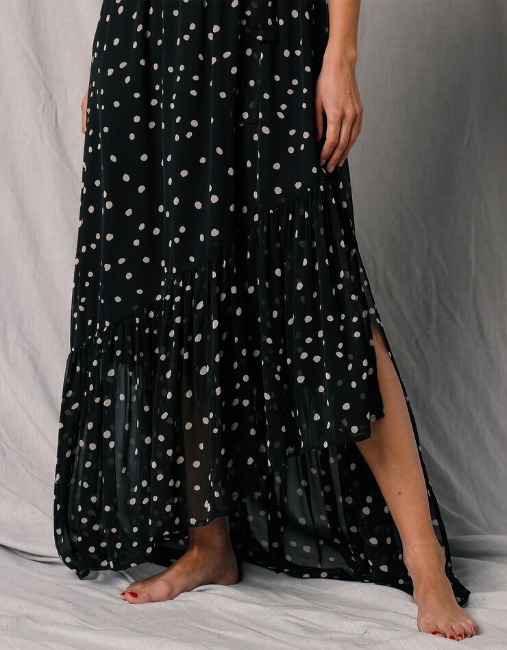 Robe longue cache-coeur sans manches voile imprimé (noir / écru)