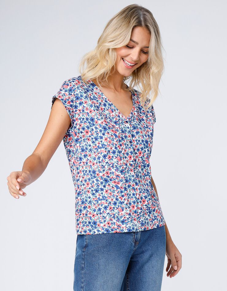Tee-shirt col V boutonné imprimé fleuri, spécial petites (bleu / corail) Tee-shirt col V boutonné imprimé fleuri, spécial petites (bleu / corail)