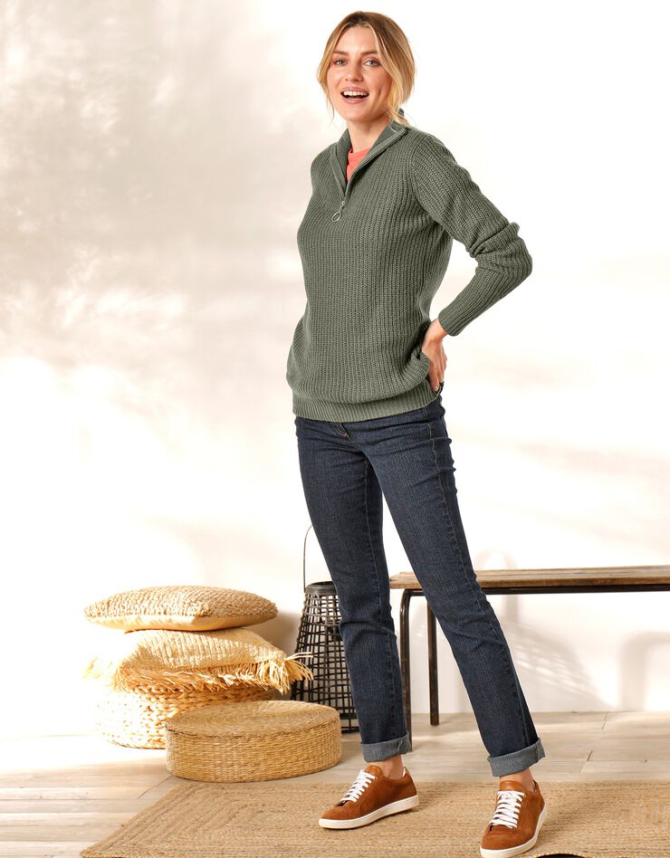Pull col zippé maille anglaise toucher mohair (kaki) Pull col zippé maille anglaise toucher mohair (kaki)