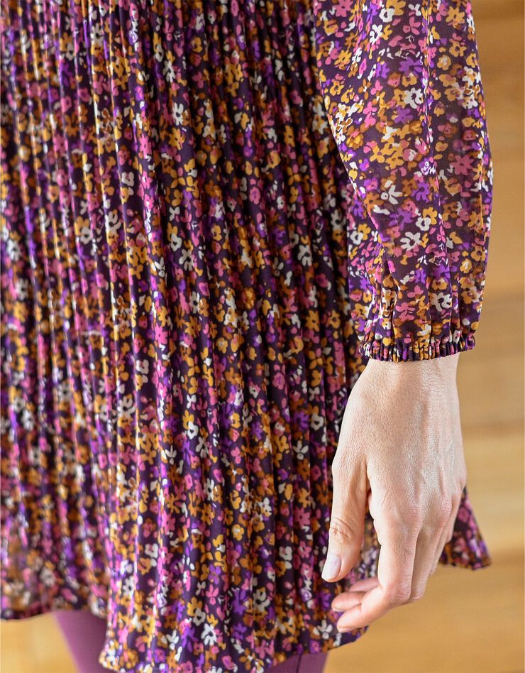 Tunique plissée imprimé fleuri, voile (prune / caramel) Tunique plissée imprimé fleuri, voile (prune / caramel)