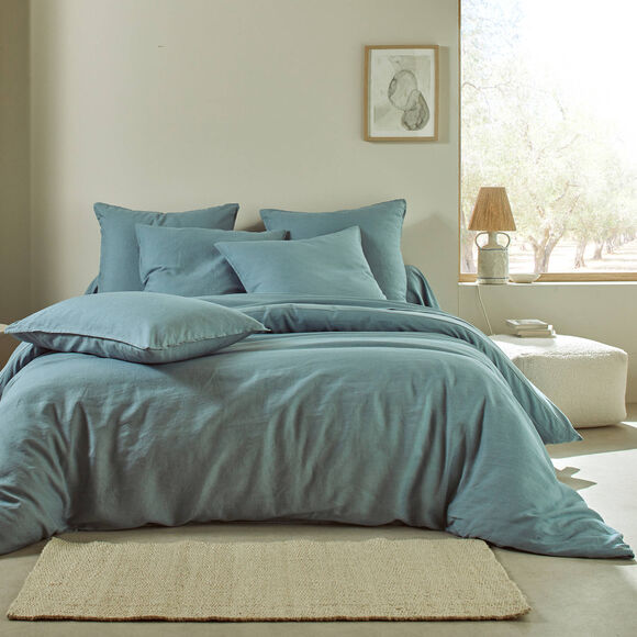 Linge de lit uni biface lin lavé / coton lavé  (bleu grisé)
