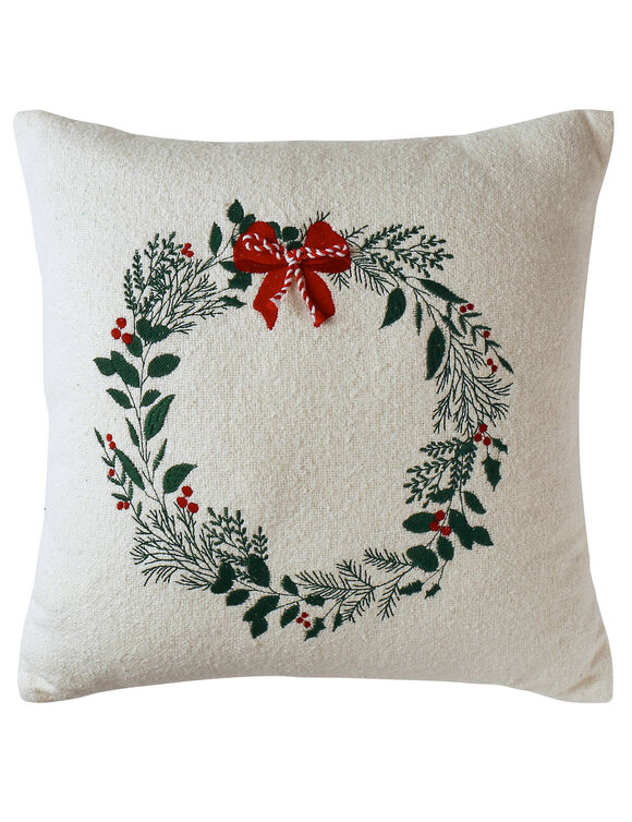 Coussin coton bouclette, broderies No&euml;l (&eacute;cru / rouge / vert)