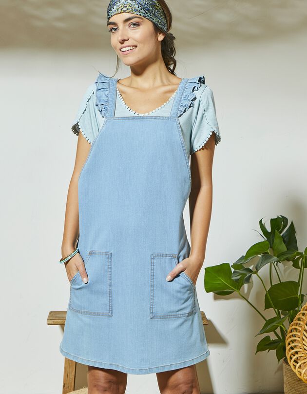 Robe salopette bretelles volantées en jean (bleached)