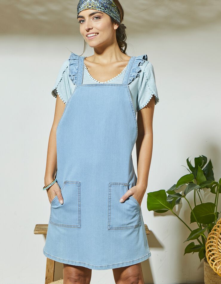 Robe salopette bretelles volantées en jean (bleached)