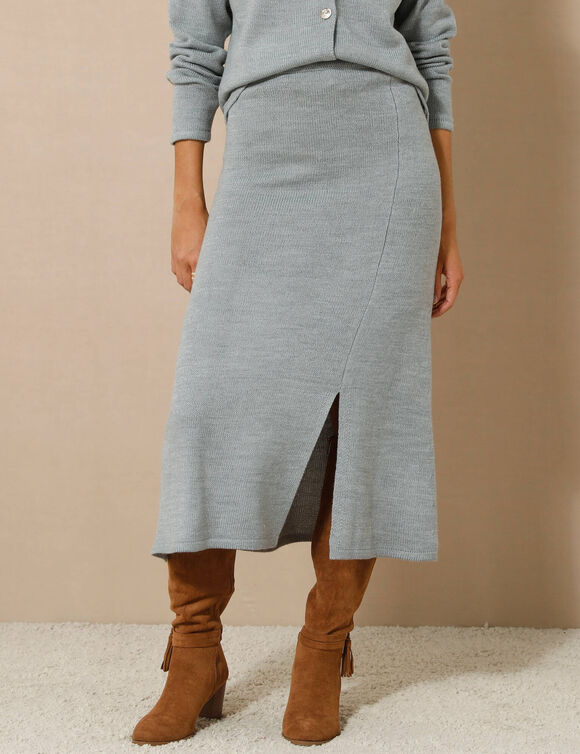 Jupe midi évasée en tricot (gris chiné)