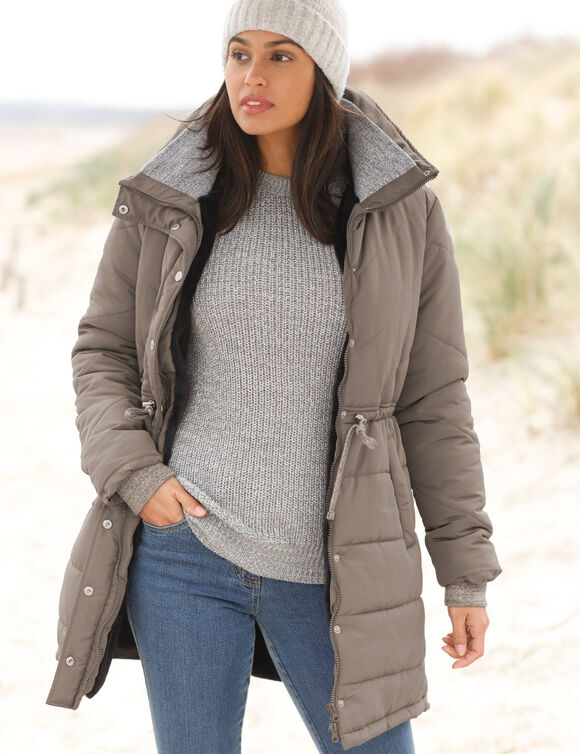Doudoune longue matelassée imperméable, à capuche (taupe)