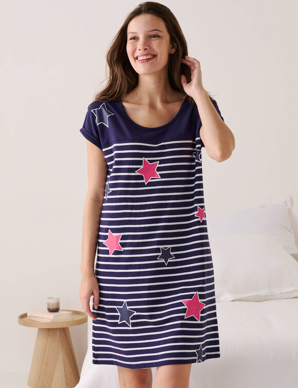 Chemise de nuit ray&eacute;e et &eacute;toiles, fils teints (marine)