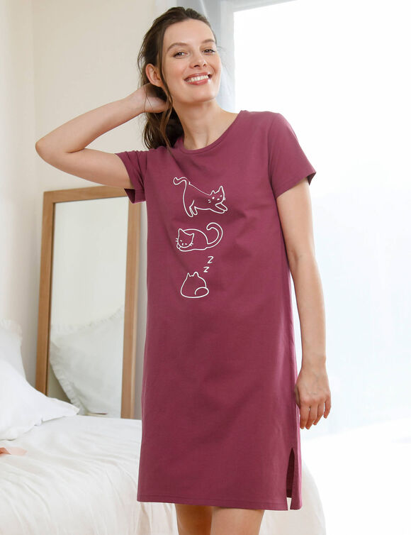 Chemise de nuit courte manches courtes, imprim&eacute; chat - lot de 2 (prune + rose)