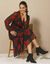 Robe longue volant, voile imprimé (noir / rouge)