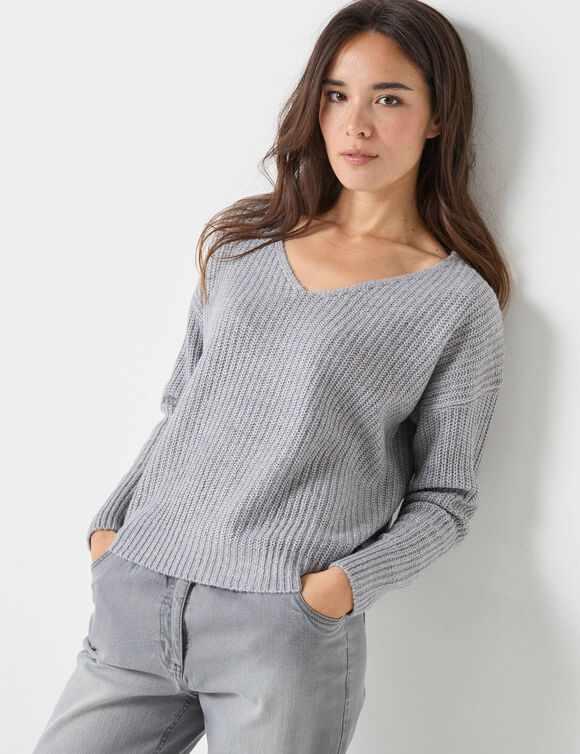 Pull loose col V, maille anglaise toucher doux (gris chiné)