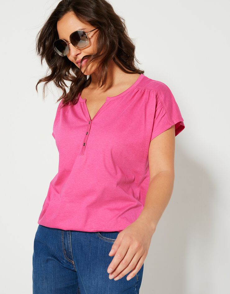 Tee-shirt col tunisien manches courtes, uni (rose) Tee-shirt col tunisien manches courtes, uni (rose)